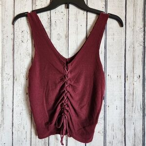 American Eagle Soft & Sexy Ribbed Lace Up Tank Top Burgundy Maroon Small